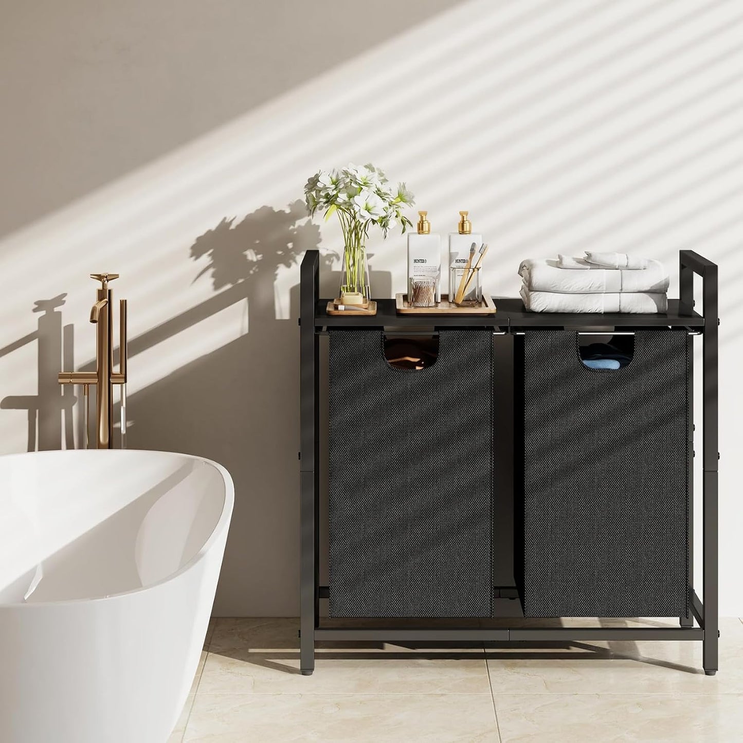 Kitstorack Laundry Hamper Organizer - 2 Pull-Out Bags & Shelf for Easy Sorting | 44.5L Capacity