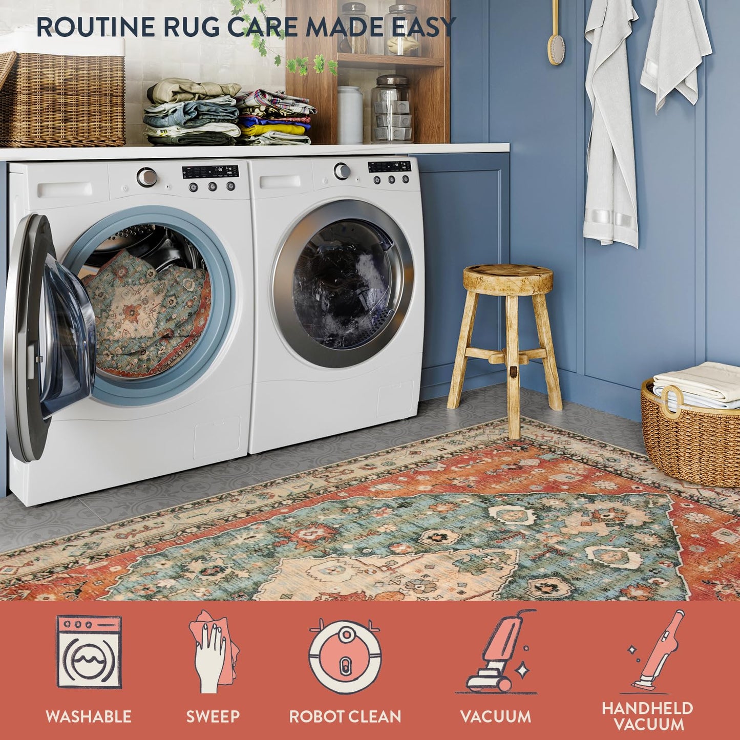 Lahome Boho Tribal 5x7 Washable Living Room Bedroom Rug, Oriental Soft Dining Room Rugs for Under Table, Large Distressed Printed Carpet for Entryway Kitchen Playroom (Rust/Dull Teal,5x7ft)