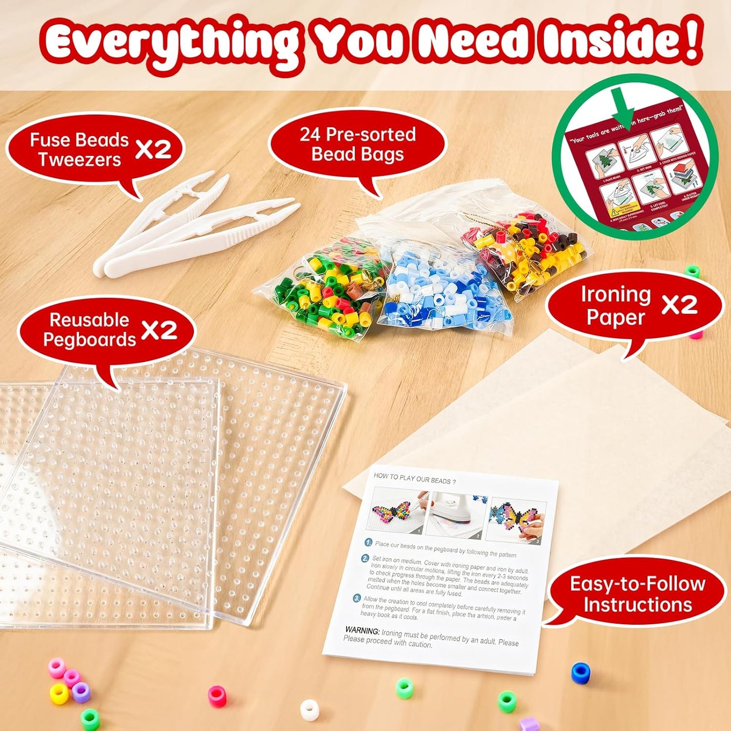 Rocollos Fuse Beads Pegboards Kit - Advent Calendar with 24 Designs & Ironing Paper for Kids