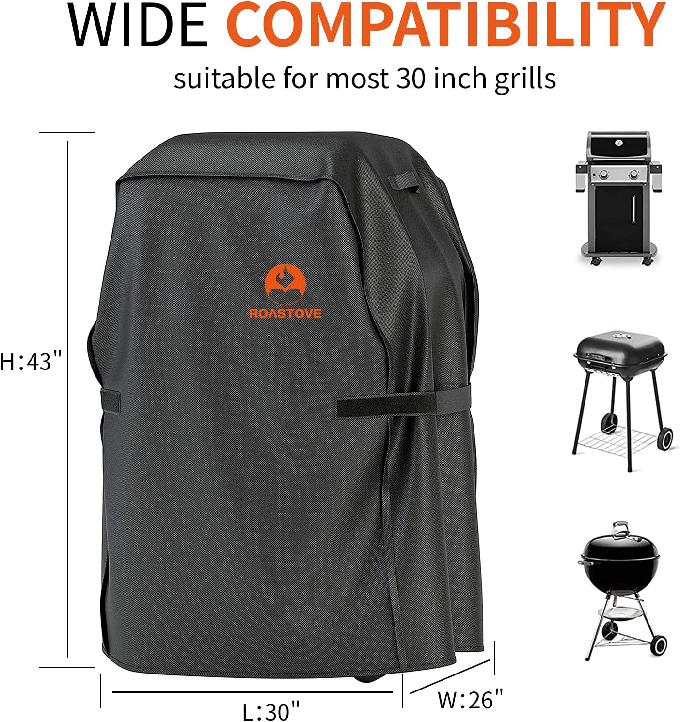 Roastove BBQ Grill Cover - Heavy Duty 600D Oxford Fabric | UV, Dust & Water Resistant | 30" L x 26" W x 43" H, Black