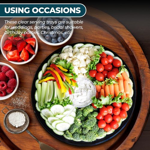 12" Catering Trays With Lids [3 Pack] - Black Serving Tray, Clear Lid, Plastic Disposable Round Party Platters, Flan Containers, Dessert Sandwich Cookie Food Trays for Parties