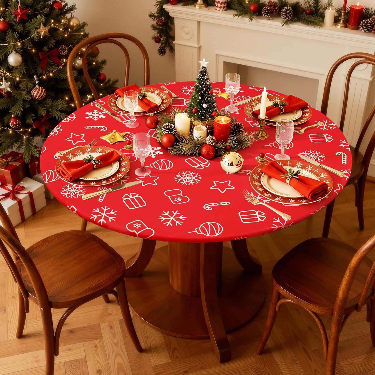 Smiry Round Spandex Tablecloth, Elastic Fitted Washable Tablecloths for 45"-56" Tables, Waterpoof Stretch Picnic Table Cover for Dining, Indoor and Outdoor, Snowflake