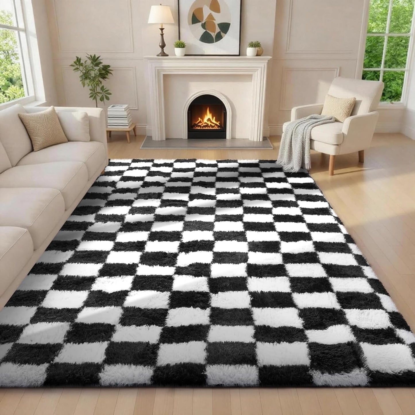 Ophanie Checkered Black & White Area Rug - Fluffy Soft Shag Carpet for Living Room & Bedroom | 6x9 Furry Design