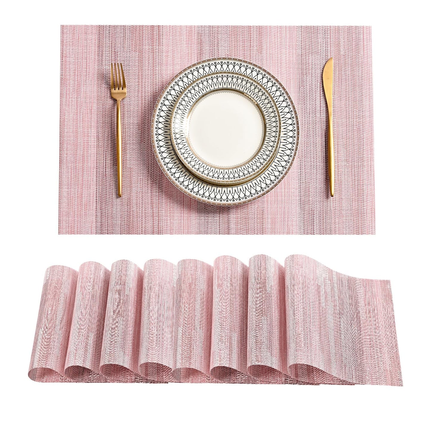 Leetaltree Misty Rose Placemats Set of 8 - Heat Resistant Non-Slip Place mats for Dining Table, Washable Durable PVC Vinyl Woven Table Mats（Misty Rose, 8）
