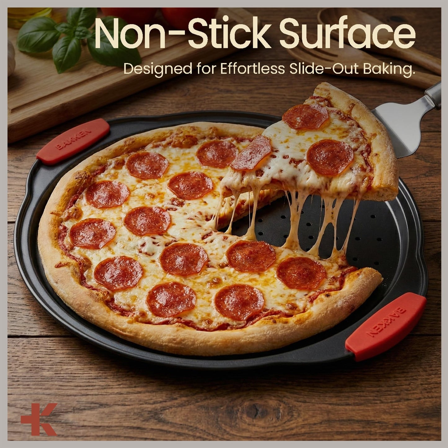 Bakken Pizza Baking Pan - Round Perforated Carbon Steel Pan with Non-Stick Marble Coating, Oversized Silicone Handle, Dishwasher Safe, High-Temperature Resistant, Durable & Easy Cleanup Black, 1 Pack