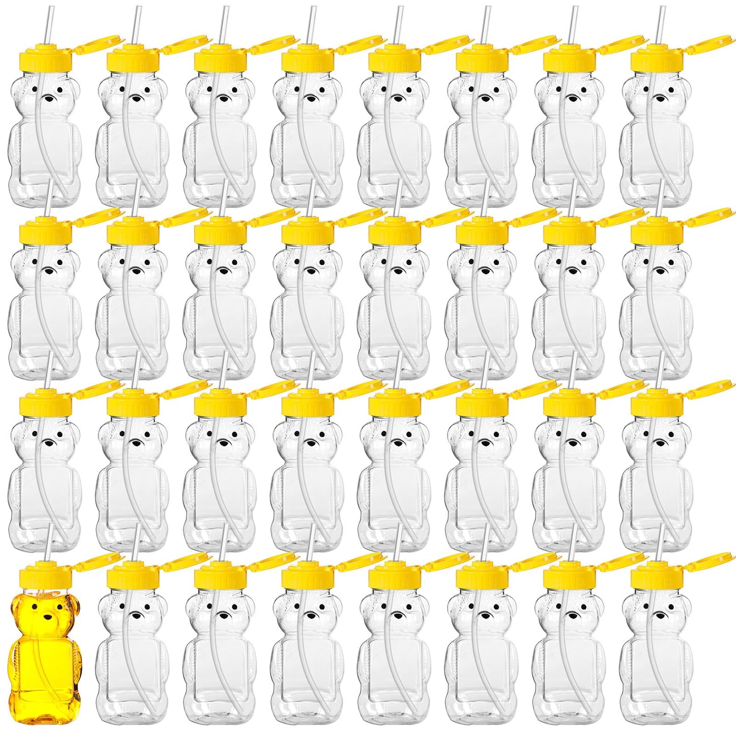 Thenshop 64 Pcs 6 oz Honey Bear Bottle and 64 Pcs Straws Plastic Honey Bear Straw Cup Honeybear Squeeze Jars Cute Empty Bottle for Syrup Sauce Juice Storing and Dispensing