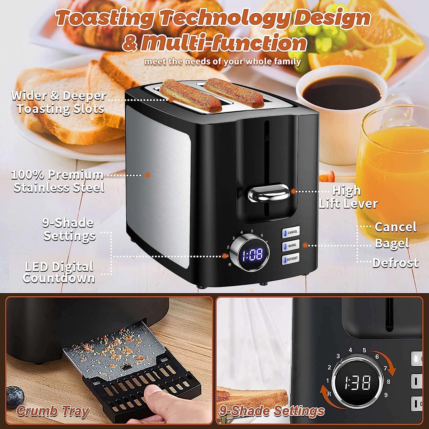 Skiennix 2-Slice Wide Slot Toaster - Smart LCD Countdown Timer with Bagel & Defrost Functions