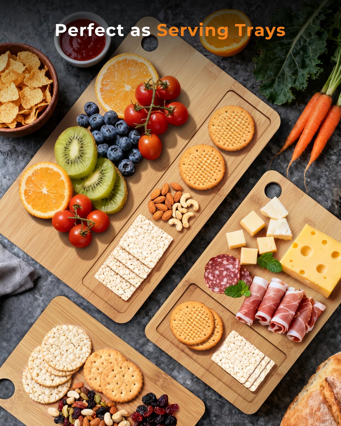 Bamboo Cutting Board for Kitchen, Knife-Friendly Wooden Cutting Boards Set 3-Piece with Juice Groove, Durable Chopping Boards for Meat, Vegetables, Fruits, Cheese(Natural)