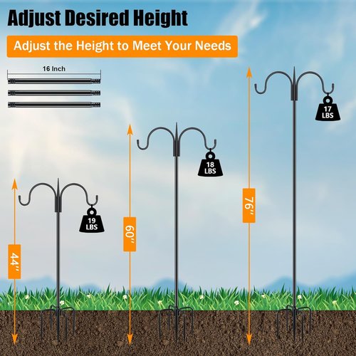 Feed Garden Adjustable Double Shepherds Hook - 76 Inch Heavy Duty Bird Feeder Pole for Hanging Plants & Lanterns