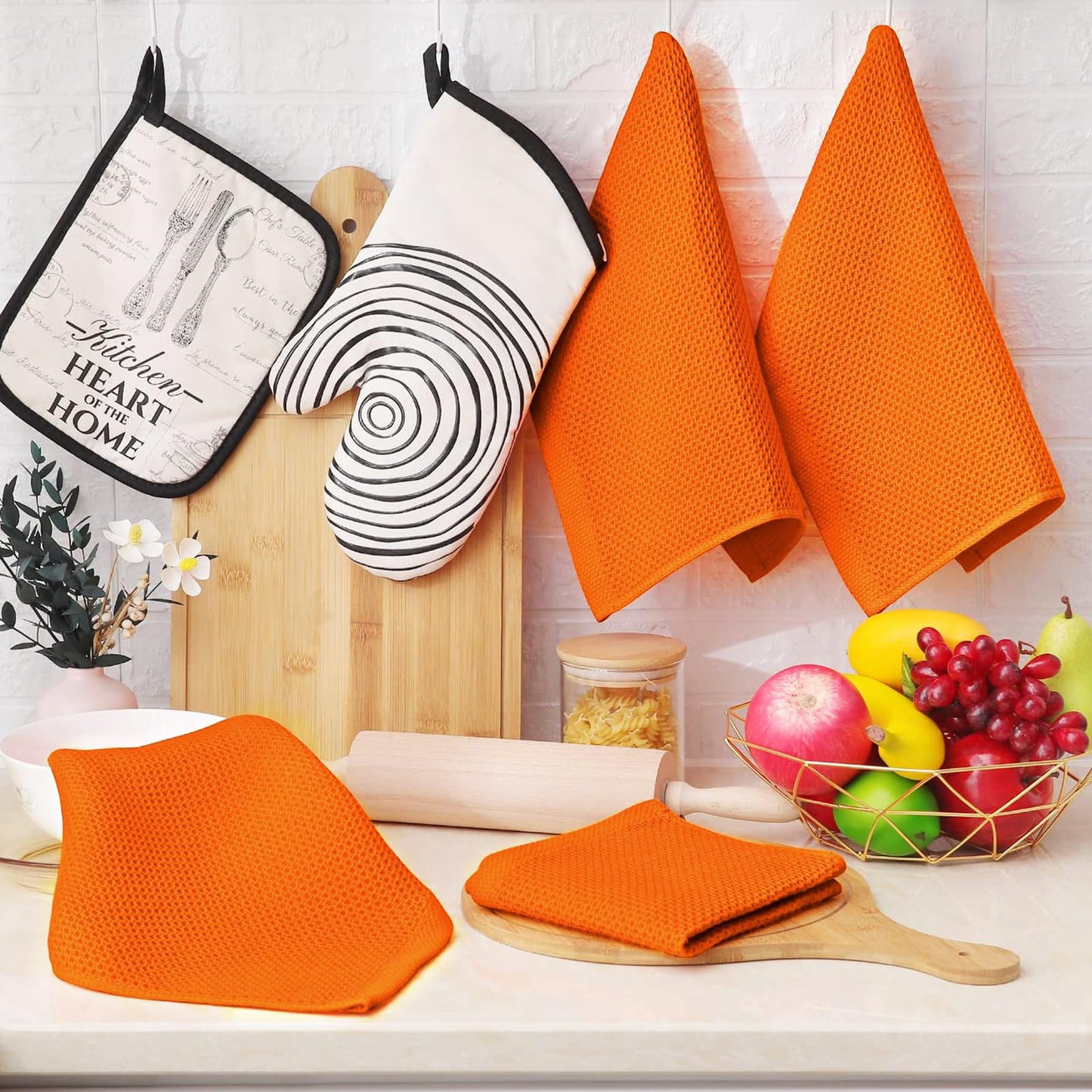 Homaxy 100% Cotton Waffle Weave Kitchen Dish Towels, Ultra Soft Absorbent Quick Drying Cleaning Towel, 13 x 28 Inches, 6-Pack, Orange