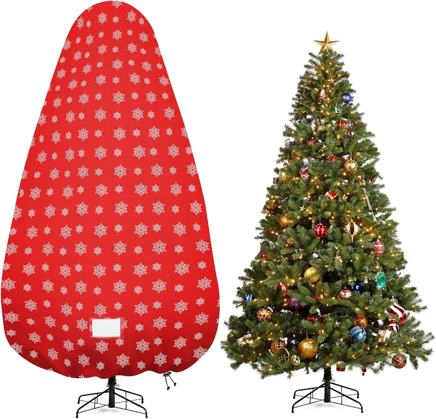 Skiennix Christmas Tree Cover - Durable Storage Bag with Zipper & Drawstring for 6-Foot Trees | Dustproof Red with Snow Print