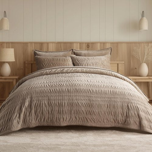 Evergrace King Size Quilt Set - Luxury Ultra Soft Ruched Bedding with 2 Shams | Lightweight Vintage Textured Bedspread in Khaki Tan