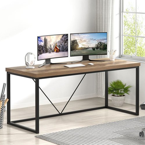FOLUBAN Industrial Computer Desk - Rustic Wood & Metal Writing Table for Home Office | 60-Inch Oak