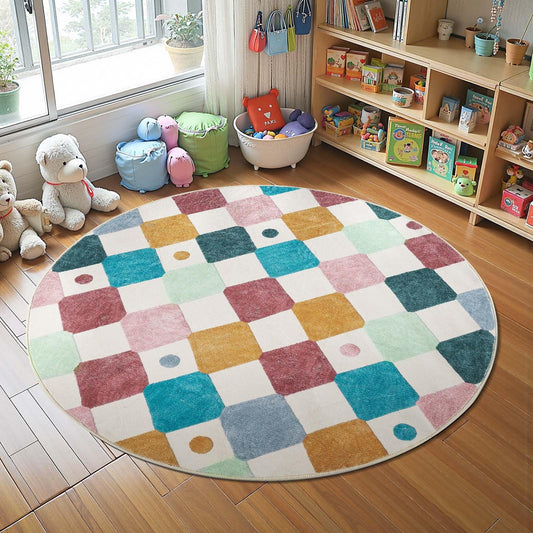 jinchan Macy 4ft Round Rug for Kids Room Modern Colorful Checkered Diamond Nursery Rug Indoor Washable Soft Non Slip Carpet for Playroom Classroom Bedroom Dorm Daycare Living Room Confetti on Cream