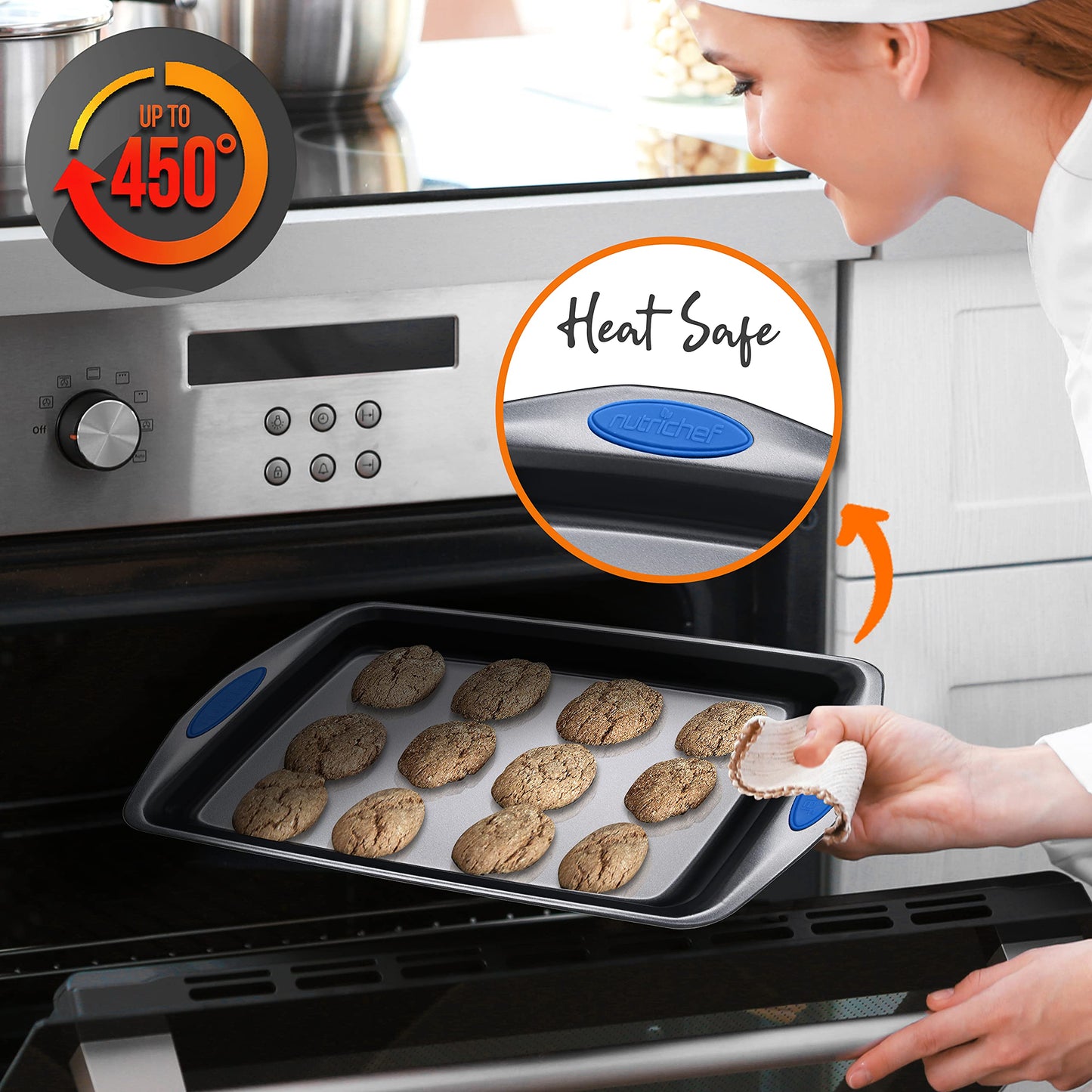 NutriChef 2-Piece Nonstick Baking Pan Set – Carbon Steel Cookie Sheet w/ Red Silicone Grip Handles – Durable, Heavy-Duty Bakeware for Even Heat Distribution – Oven Safe, Easy Cleanup – Gray