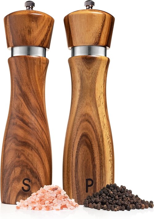 Gennua Wooden Salt and Pepper Grinder Set - Refillable Acacia Mills with Adjustable Coarseness | 8 Inches Each