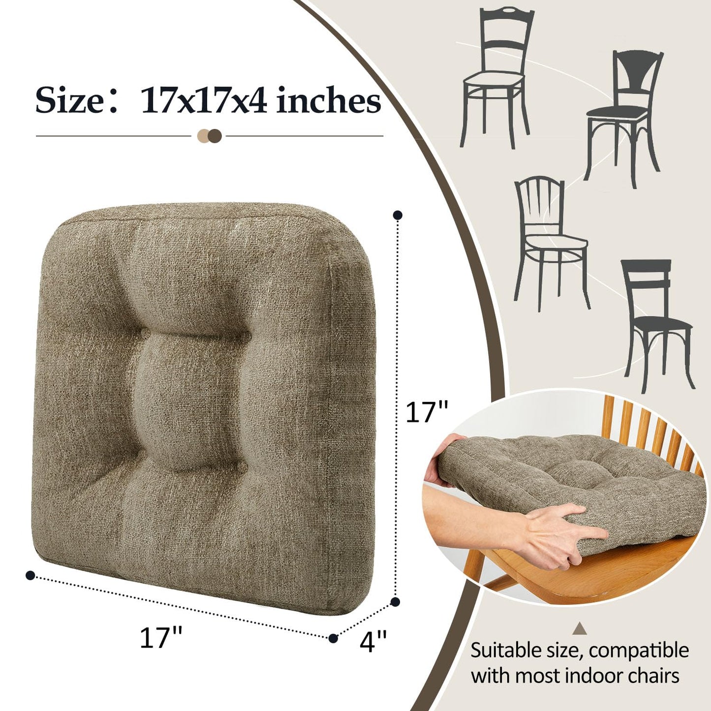 downluxe Chair Cushions for Dining Chairs 2 Pack, Tufted Indoor Chair Pads with Non-Slip Bottom, U-Shaped Kitchen Chair Cushions, 17"x17"x4", Khaki