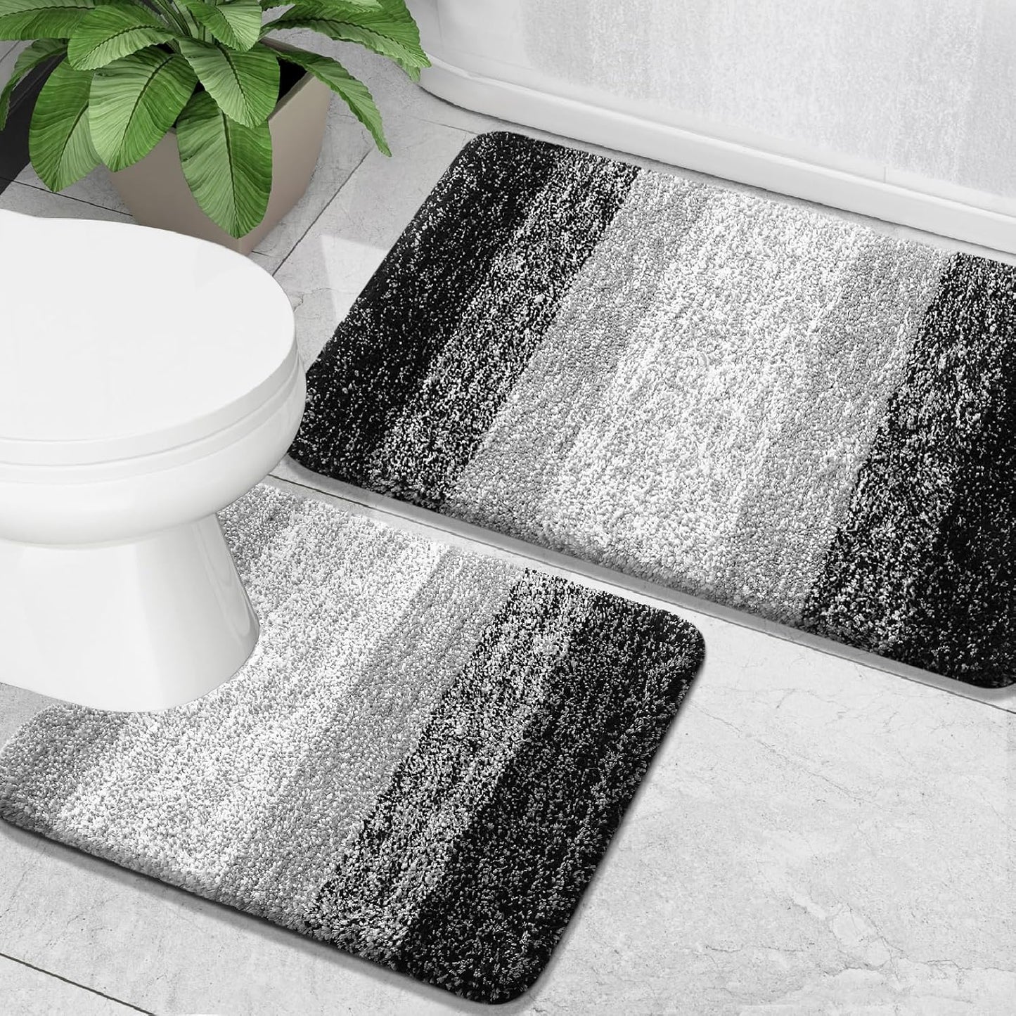 OLANLY Bathroom Rug Set - Soft Absorbent Microfiber Mats & U-Shaped Toilet Rug | Non-Slip, Black (24"x16" + 24"x20")