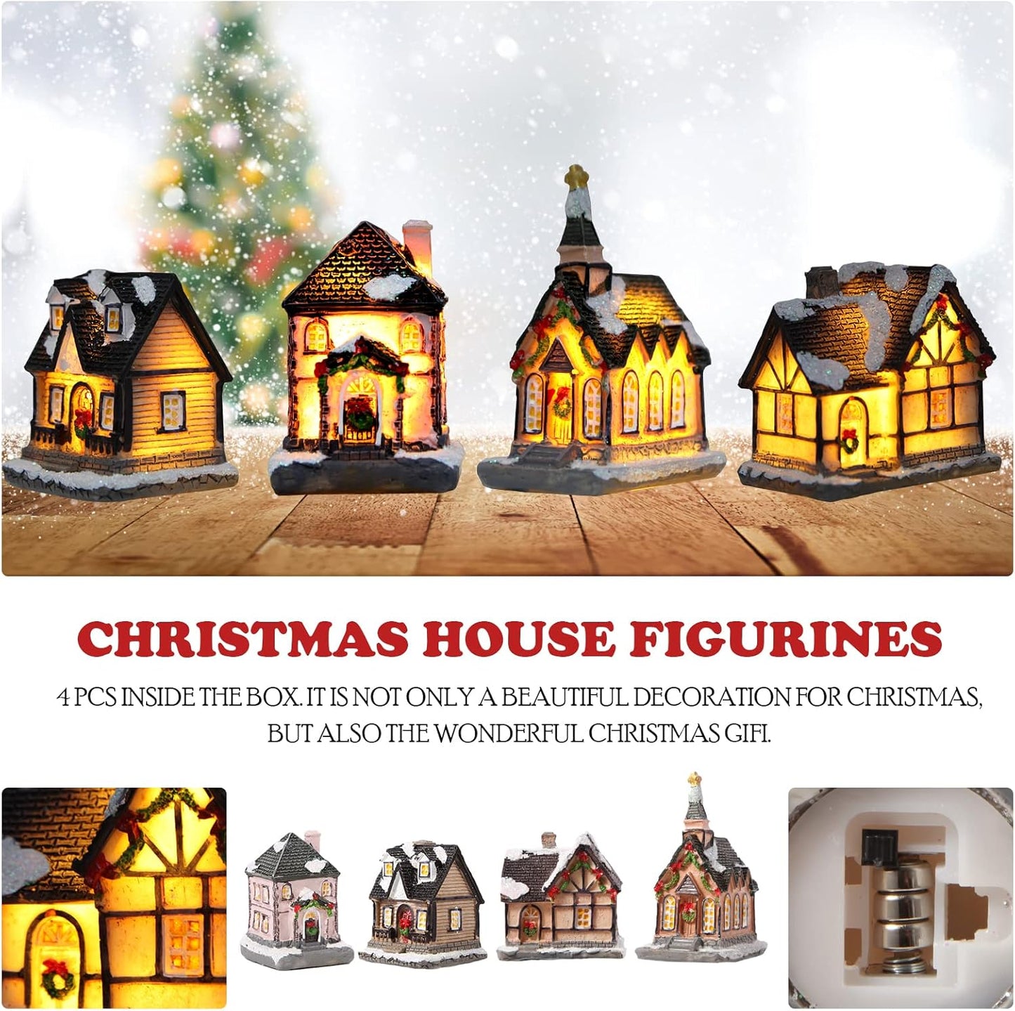 Skiennix Christmas Village House Set - 4 Pcs Resin Collectible Buildings with LED Lanterns for Holiday Decor