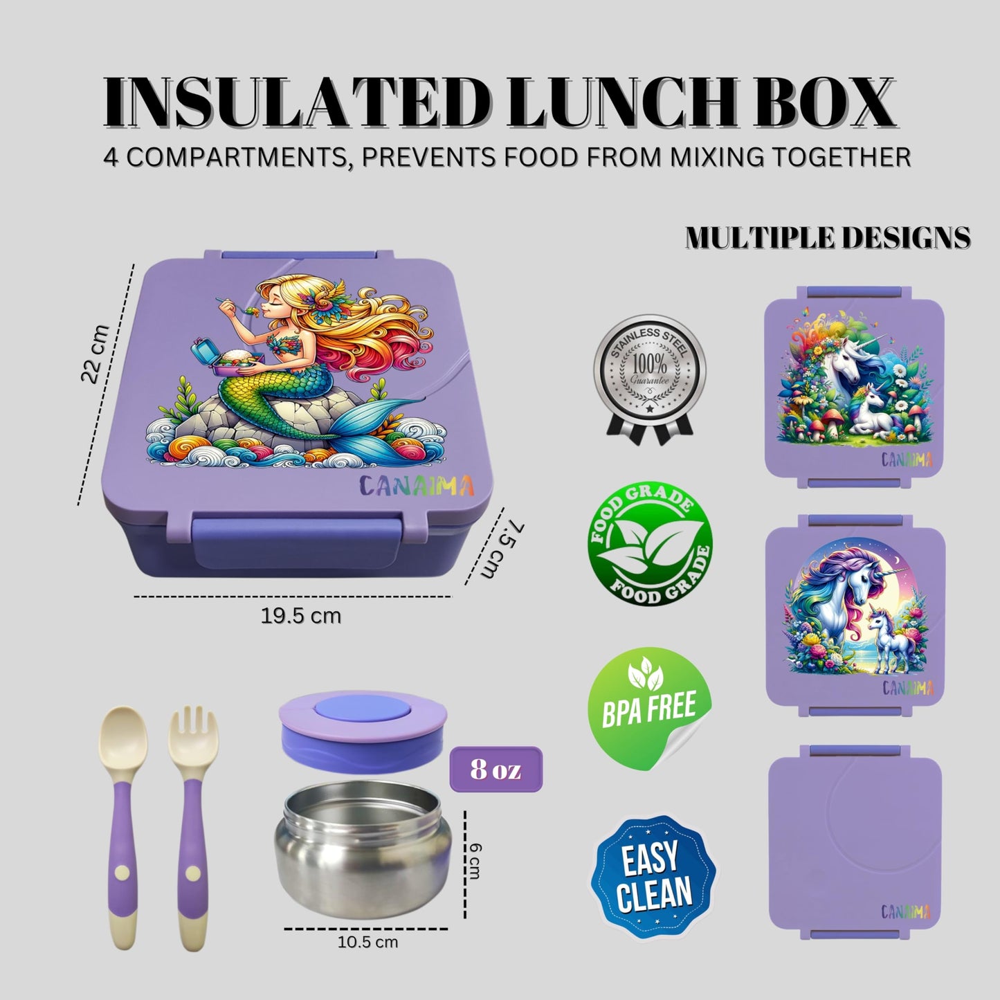 CANAIMA Bento Box for Kids with Thermos -1600ml Leak Proof Lunch Box - Amazing Designs - Microwave-Safe, BPA-Free, Easy to Clean Bento Lunch Box for Kids & Adults - School & Office (Purple Mermaid)