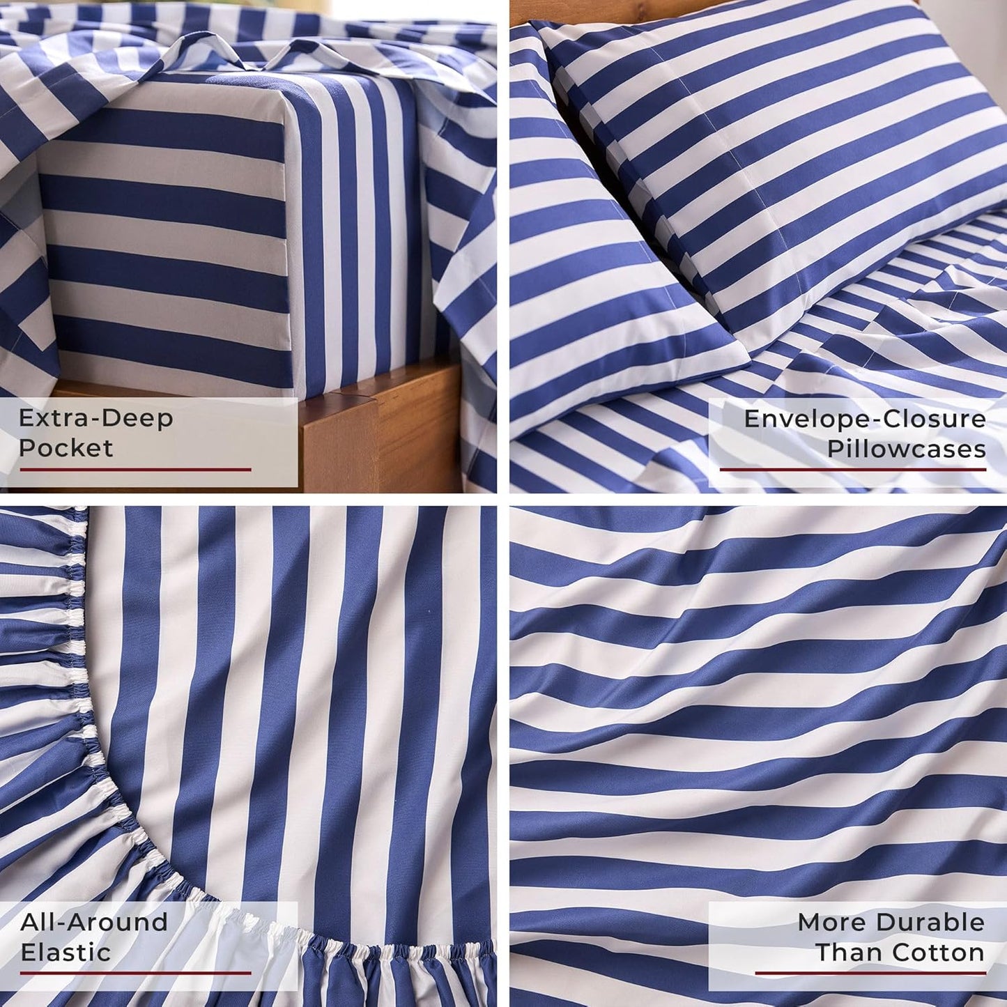 Mellanni Queen Sheets Set - Luxury 4-Piece Bedding Collection - Extra Soft, Cooling, Stain Resistant | Oxford Stripe Blue Nova
