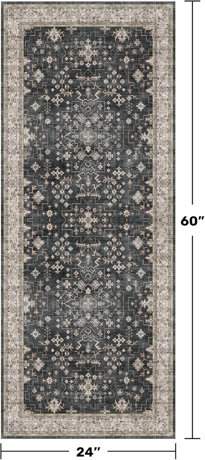 Vintage Floral Runner Rug by Black Entryway - Non-Slip, Washable, Stain Resistant | 2x5 ft Dark Ashen Charcoal