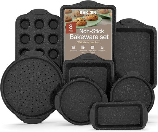 BAKKEN 8-Piece Nonstick Baking Pans Set - Professional Gray Marble Bakeware with Silicone Handles | Oven & Dishwasher Safe
