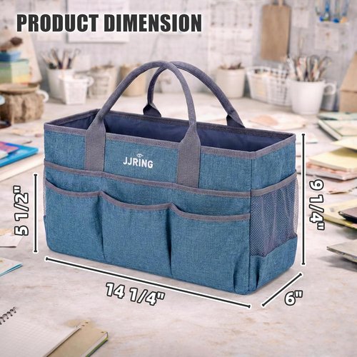 JJRING Large Art Supply Tote Bag - Sturdy Craft Organizer with 2 Mesh Pockets & Elastic Front | Green, Foldable Design
