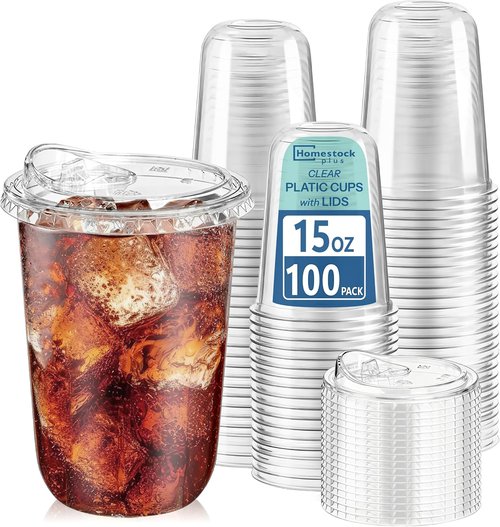 Homestockplus 15 oz Clear Plastic Cups - Leak-Proof, BPA-Free Strawless Sip Lids | 100 Pack for Iced Coffee, Smoothies & Parties