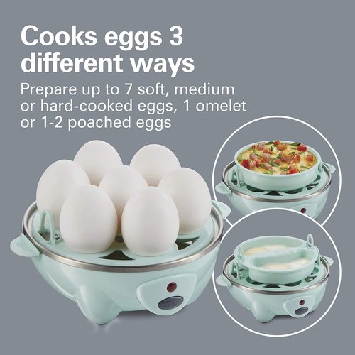 Hamilton Beach 3-in-1 Electric Egg Cooker - Hard Boiled, Poached, Omelet & Vegetable Steamer, Mint, Holds 7