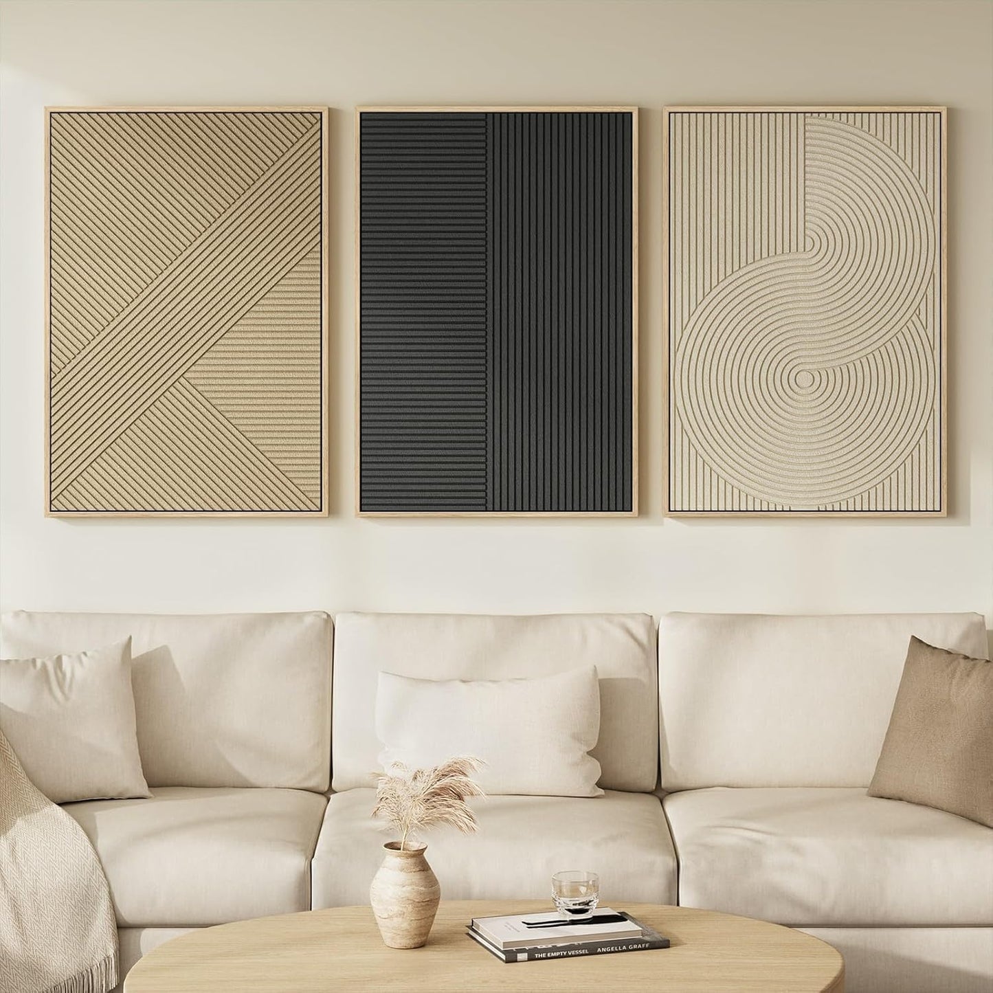 Skiennix 3D Textured Boho Abstract Wall Art - Large 3 Piece Modern Neutral Minimalist Prints | Black & Beige Geometric Design | 24x36 In