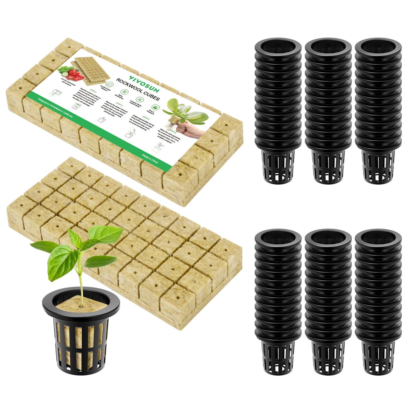 VIVOSUN 72 Rockwool Cubes & Net Pots Set for Hydroponics, 1.2” x 1.2” x 1.6” Cubes, 72 Plugs & 72 2” Net Cups for Hydroponic Growing, Seed-Starting, Cloning, Tower Gardens