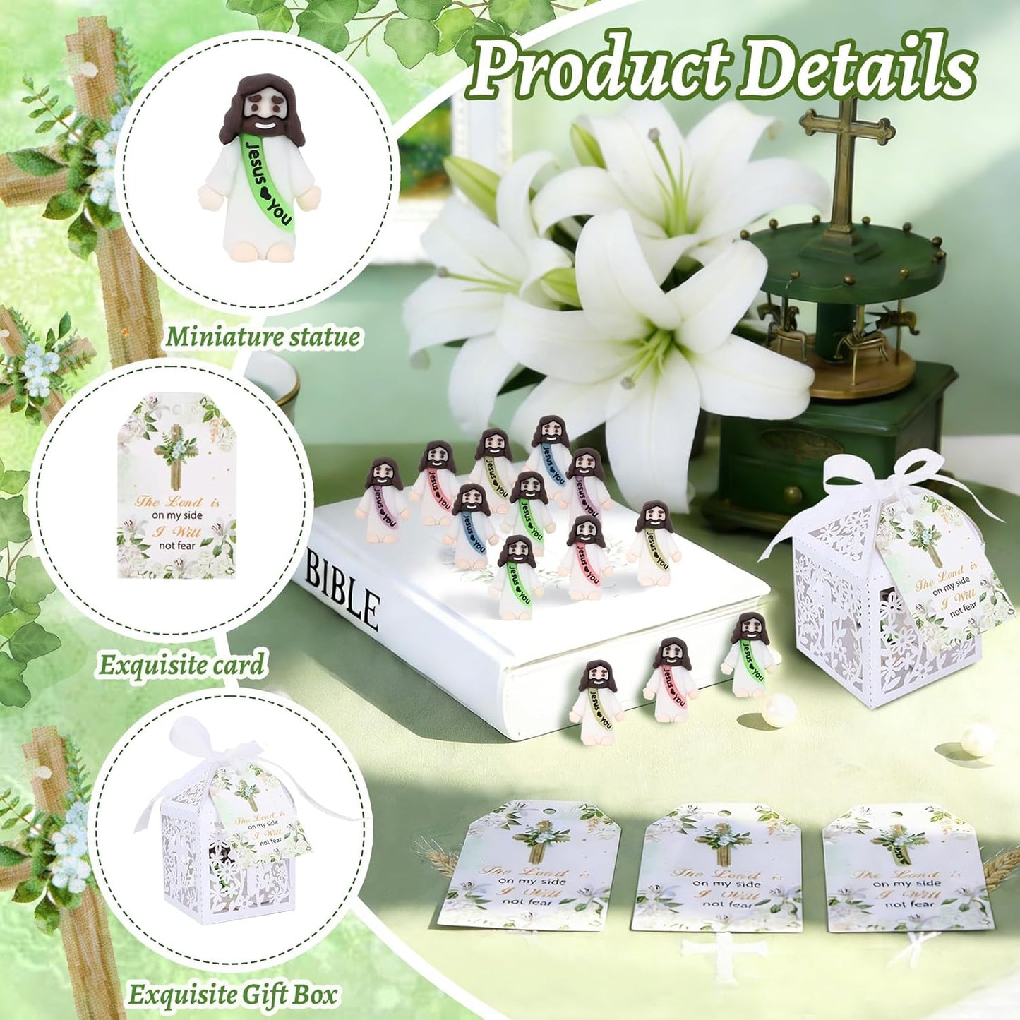 Skiennix Mini Jesus Figurines - 50 Sets Glow in The Dark Gifts with "Let Your Light Shine" Cards | Perfect for Church Baptism and Religious Parties