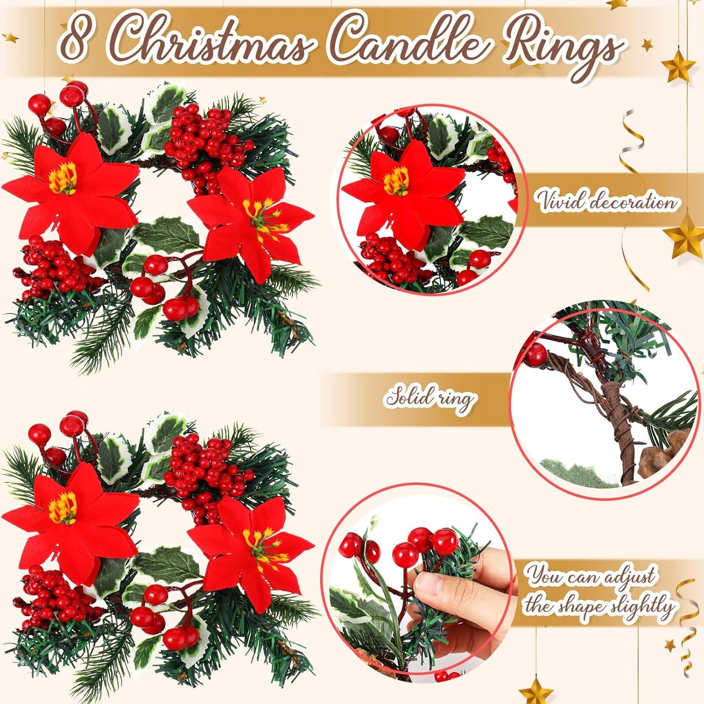 Yilloog Mini Christmas Candle Rings - 8 Sets of Berry & Pinecone Wreaths for Festive Table Decor