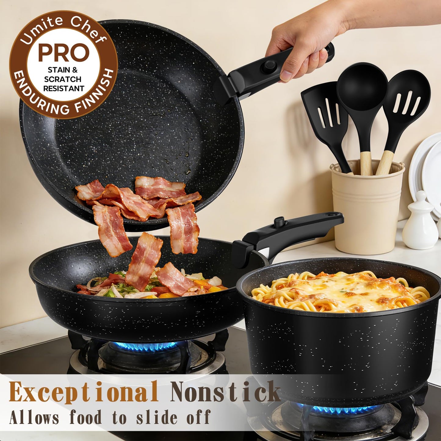 Umite Chef 21Pcs Pots and Pans Set Non Stick, Nonstick Cookware Sets Detachable Handle, Non Toxic Induction RV Kitchen Cooking Set, Dishwasher/Oven Safe, Fridge Safe, Space Saving(Black)