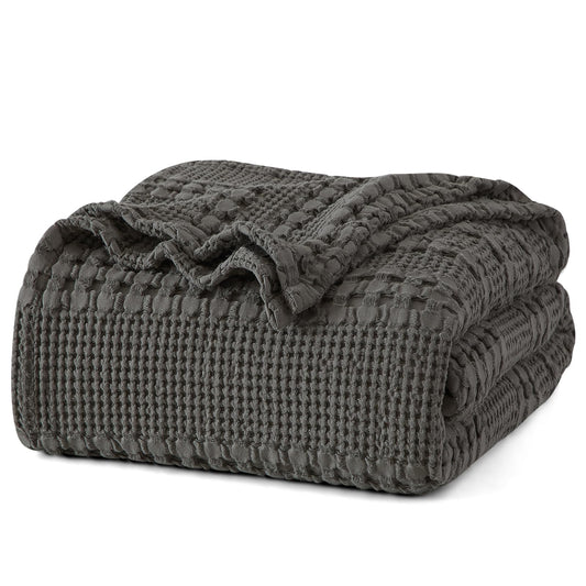 PHF 100% Cotton Waffle Weave Blanket Queen Size, Soft Lightweight Breathable Cozy Summer Blankets for Bed, Luxury Aesthetic Woven Bedding for Home Decor, 90"x90", Charcoal Grey