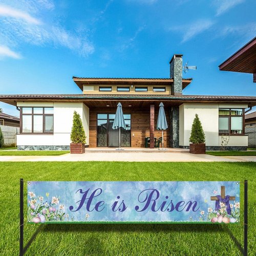 He is Risen Fence Banner Easter Christian Cross Lily Eggs Religious Party Photo Booth Backdrop Yard Outdoor Decoration