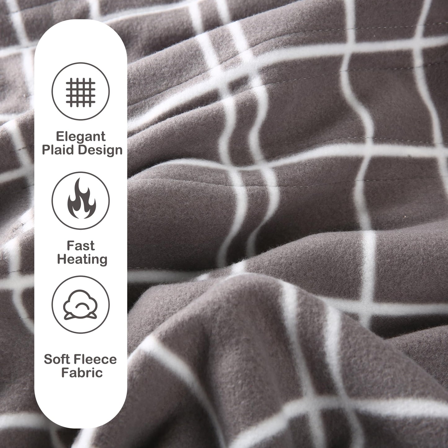 Eydna Electric Heated Blanket Queen Size 84"x90", Soft Fleece with 10 Hours Auto-Off & 4 Heating Levels, Dual Control and Machine Washable, LightGray Plaid