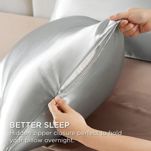 Bedsure Satin Pillowcase - Silky Soft Zippered Pillow Covers for Hair & Skin | Grey Queen Size Set of 2 (20x30 Inches)