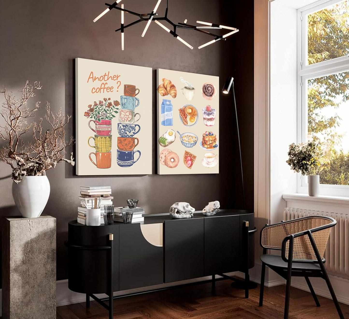 Skiennix Modern Coffee Canvas Wall Art - Colorful Croissant & Coffee Cups Print | Framed Dining Room Decor