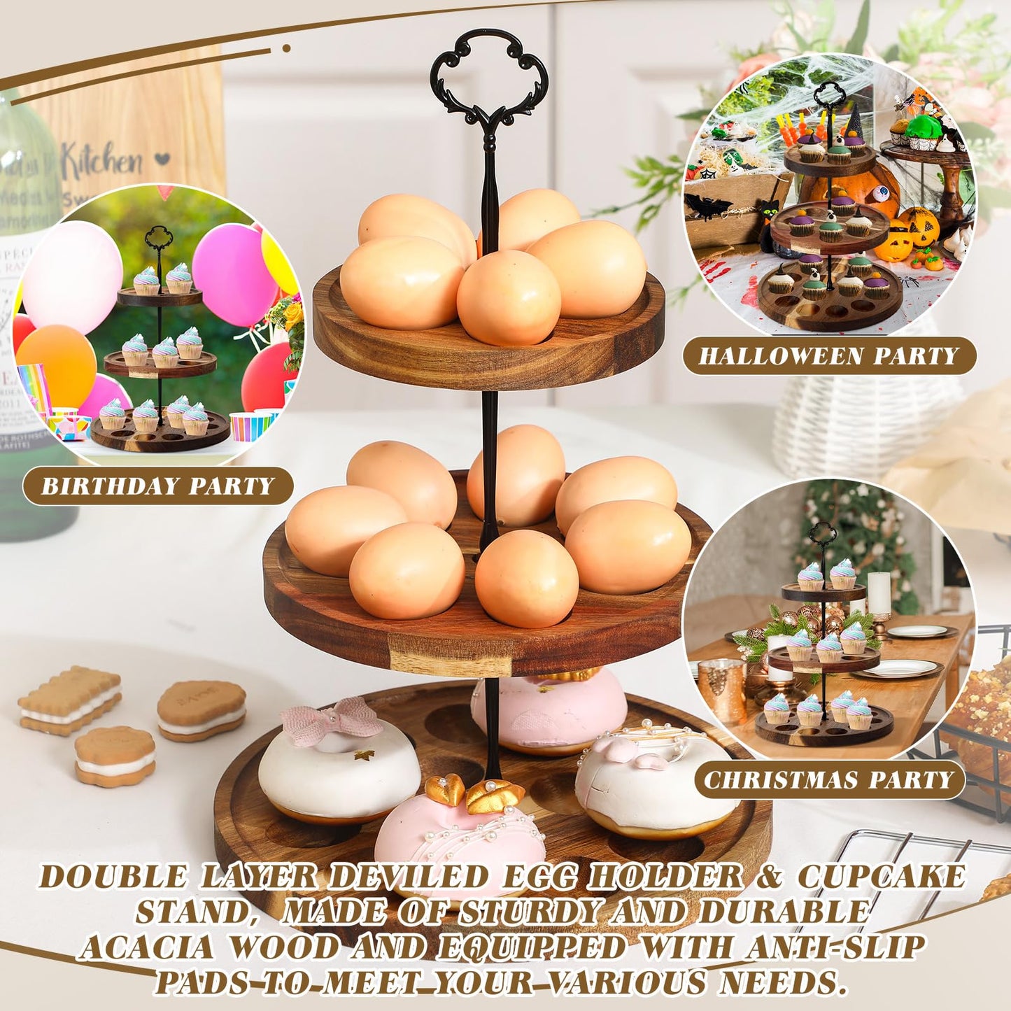 Newtay 3 Tier Wooden Deviled Egg Platter 26 Holes Deviled Egg Stand Plate Reversible Tray Serving Tray Holder for Easter Thanksgiving Christmas Cheese Serving Home Supplies(Black)