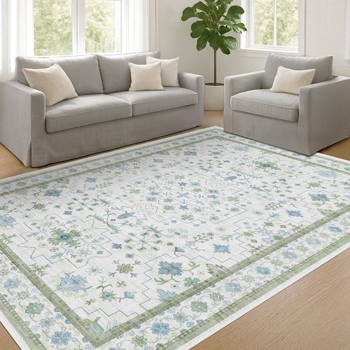 Hazo Haus Cream Oushak 7x9 Area Rug - Boho Floral Design in Cool Blue & Green | Washable, Non-Slip, Low Pile