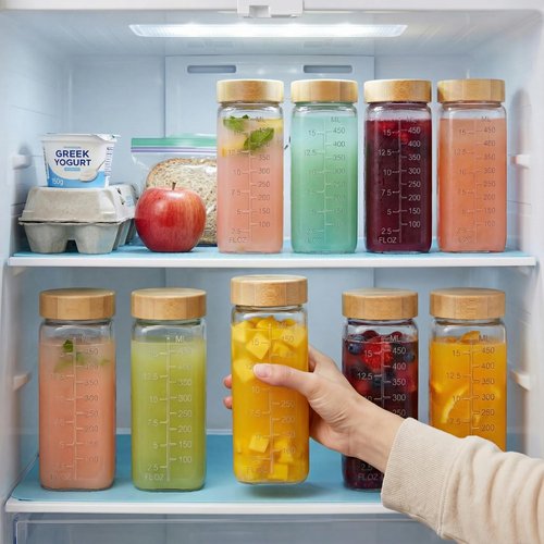 HomArtist 16oz Square Glass Juice Bottles with Lids, 9 Pack Reusable Juice Containers with Bamboo Lids, Glass Juicing jars with 4 Straws & 2 Airtight Lid with Hole for Drinking