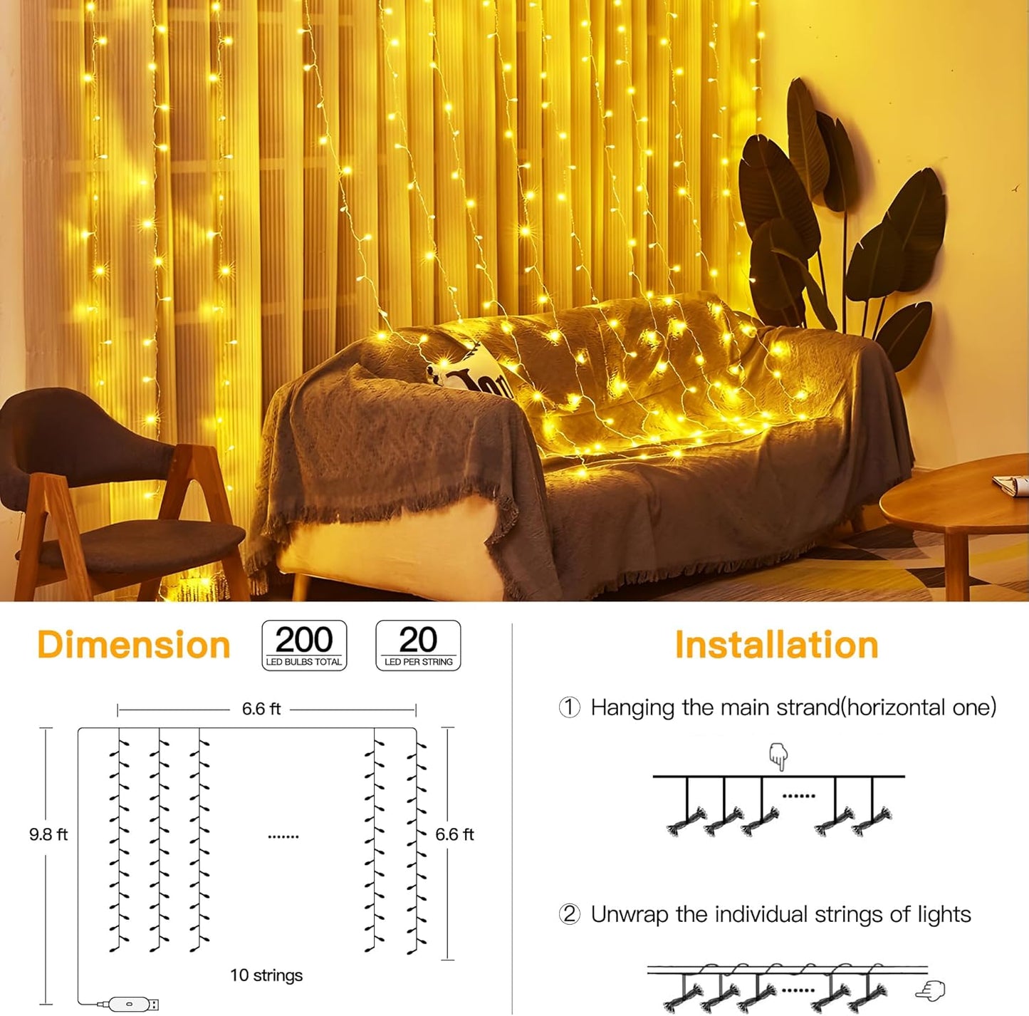 Ollny Curtain Lights - 200 LED Dimmable Fairy String Lights with Remote | 6.6x6.6ft Warm White Decor