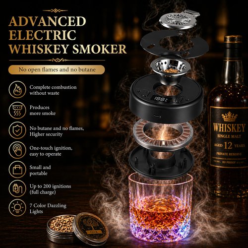 Electric Whiskey Smoker Kit, Torch-Free Rechargeable Cocktail Smoker with 7 Color Lights, All-in-1 Gift Set with 2 Wooden Whiskey Glasses, 10 Wood Chips, Ice Molds & Steel Cubes for Men, Dad