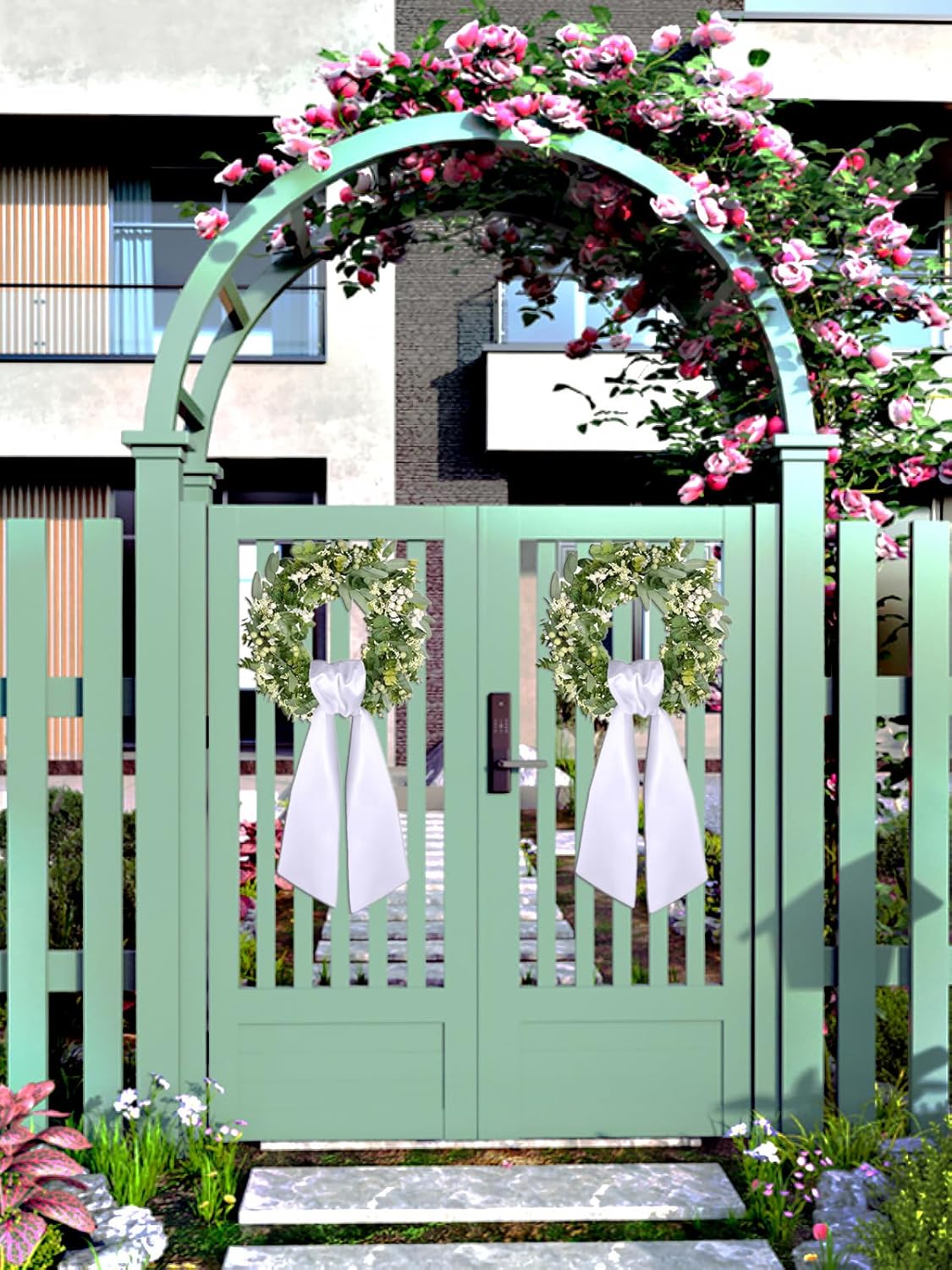 Skiennix Green Leaves Wreaths for Front Door Decor - Set of 2 Outdoor Decorations