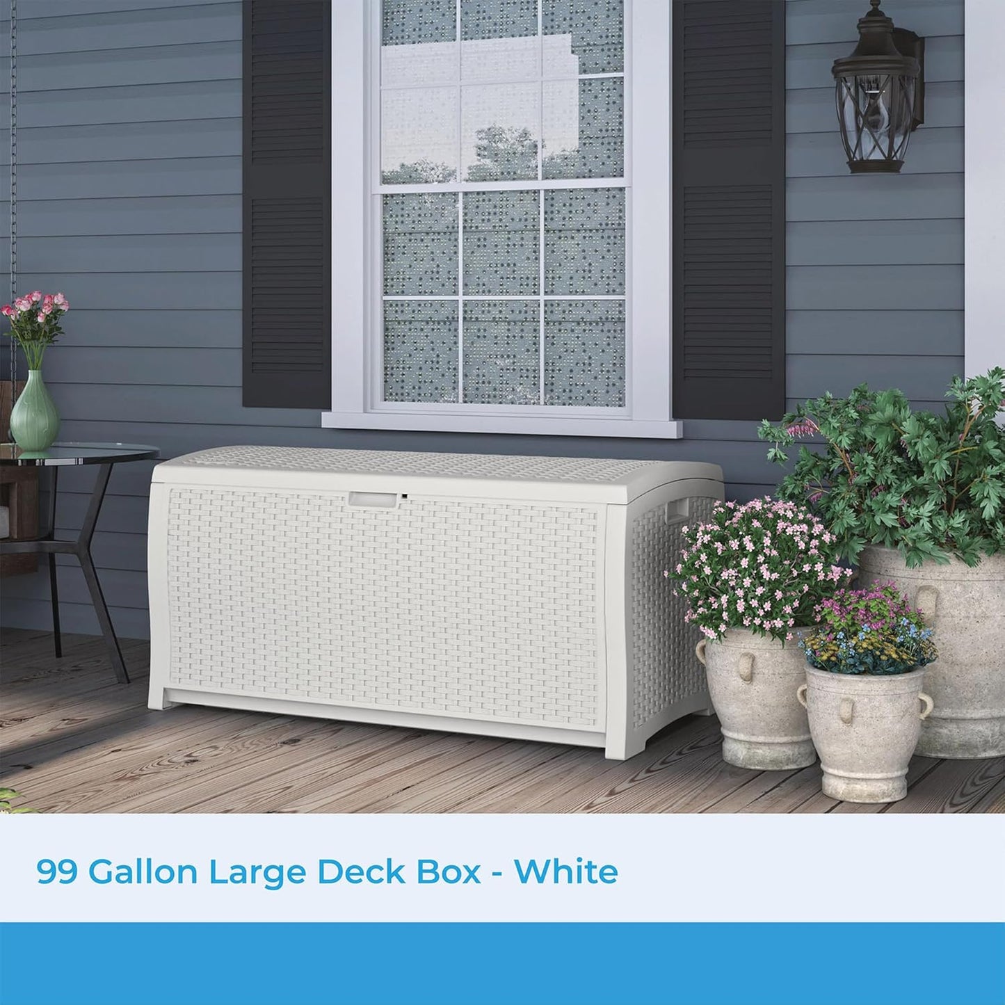 Suncast 99 Gallon Wicker Outdoor Deck Box - Water-Resistant Storage Solution for Patio & Yard, White