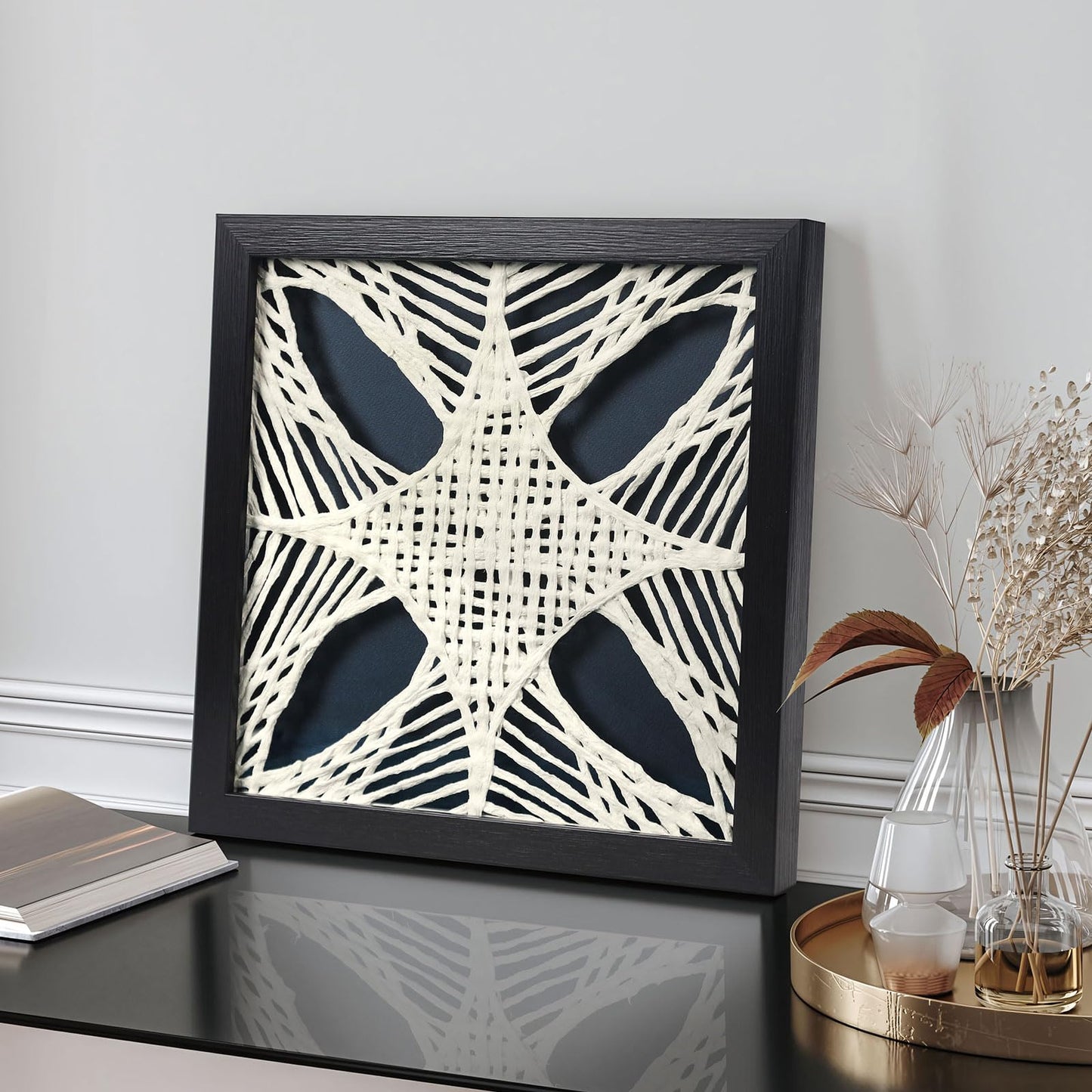 FOLKOR Abstract Framed Wall Art for Modern Home Office, 3 Pack 12" Rice Paper Black and White Wall Decor for Living Room Bedroom Entryway, Geometric Wall Hanging Shadow Box Artworks Accent Gift