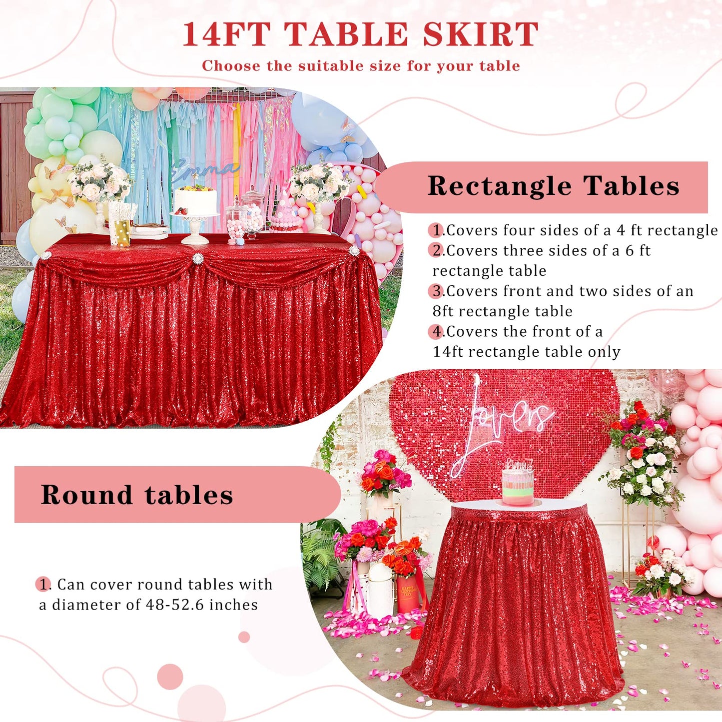 Table Skirt 14ft Red Christmas Table Skirt for Rectangle Square Round Table Sequin Tablecloth for Party Wedding Birthday Decorations