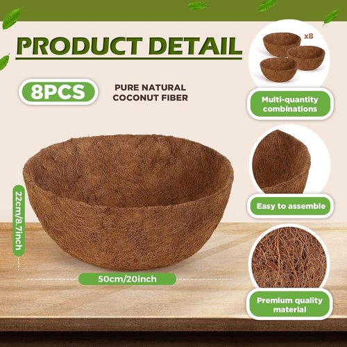 Gerrii 20-Inch Coconut Liners - 8 Pcs Natural Round Coir Planter Basket Liners for Flowers & Vegetables